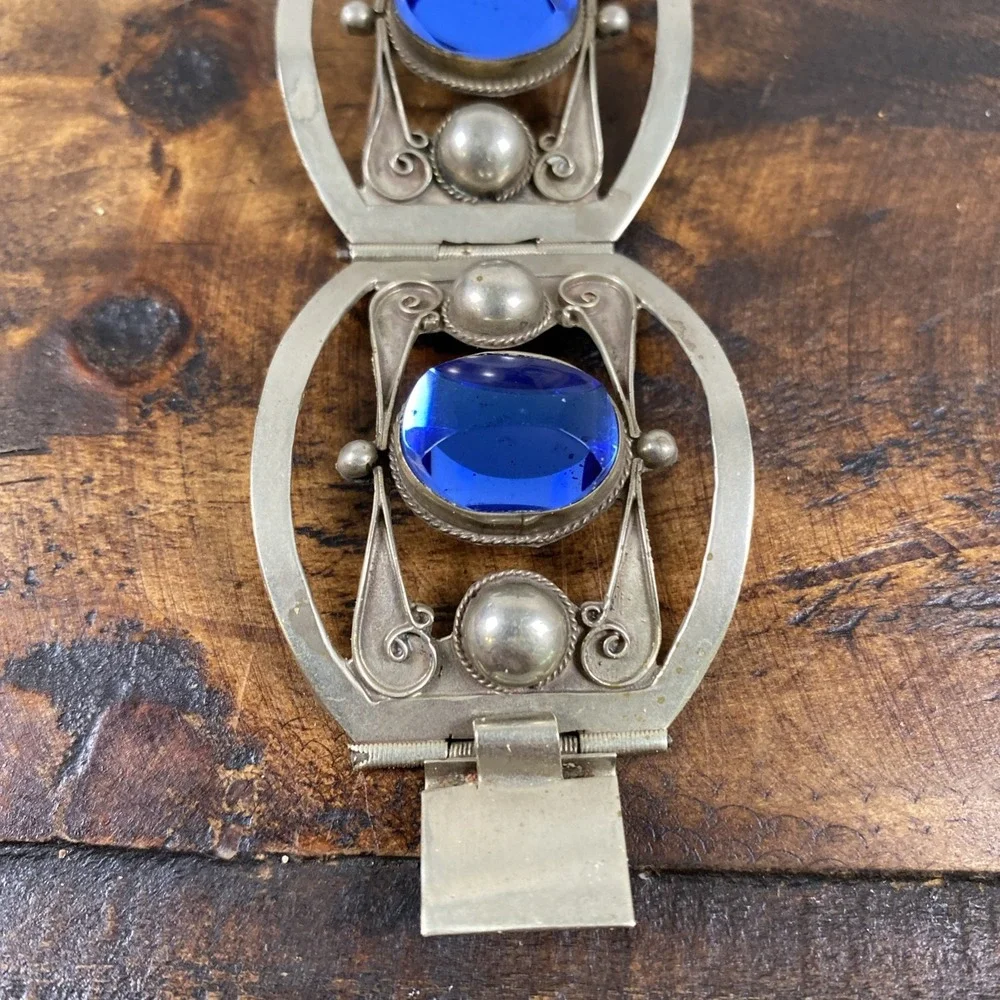 Vintage MEXICO WIDE Silver Sterling  Bracelet‎ Blue ENGRAVED Stones .925